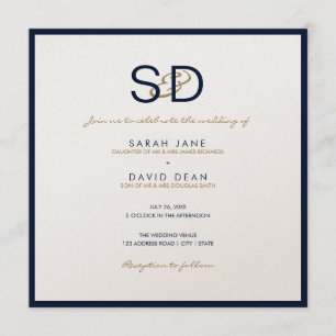 LUXE Monogram Navy Blue & White Wedding Invitation
