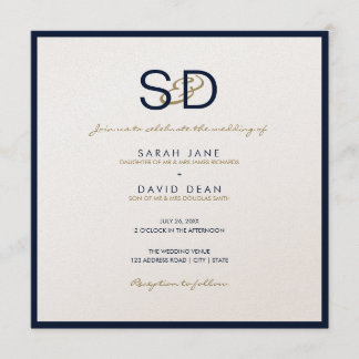 LUXE Monogram Navy Blue & White Wedding Invitation