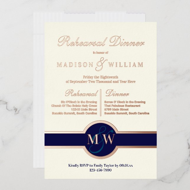 Luxe Monogram Rehearsal Dinner Navy Rose Gold (Envelope)