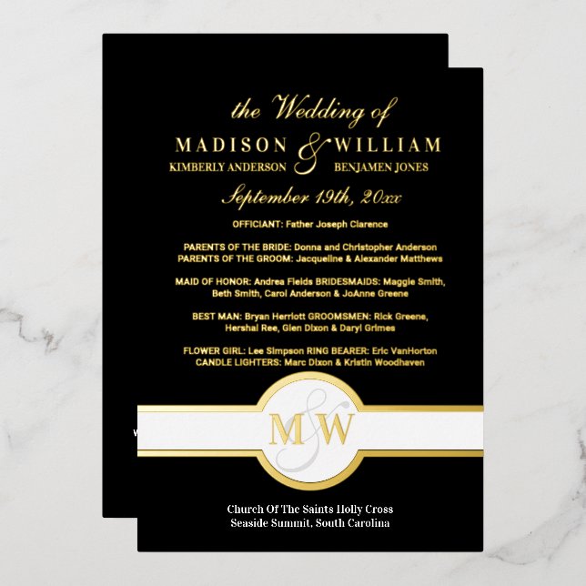 Luxe Monogram Wedding Program Black And Gold (Front/Back)