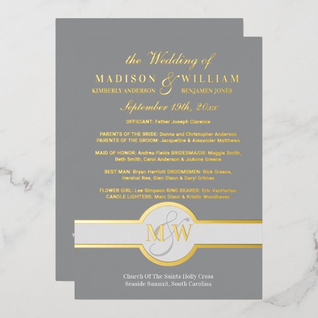 Luxe Monogram Wedding Program Grey And Gold (Front/Back)