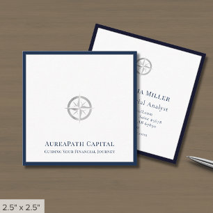 Luxe Navy Blue Border Silver Logo Square Business Card