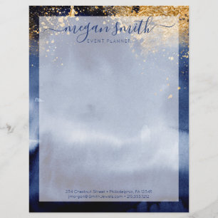 Luxe Navy Blue Gold Watercolor Modern Custom Letterhead