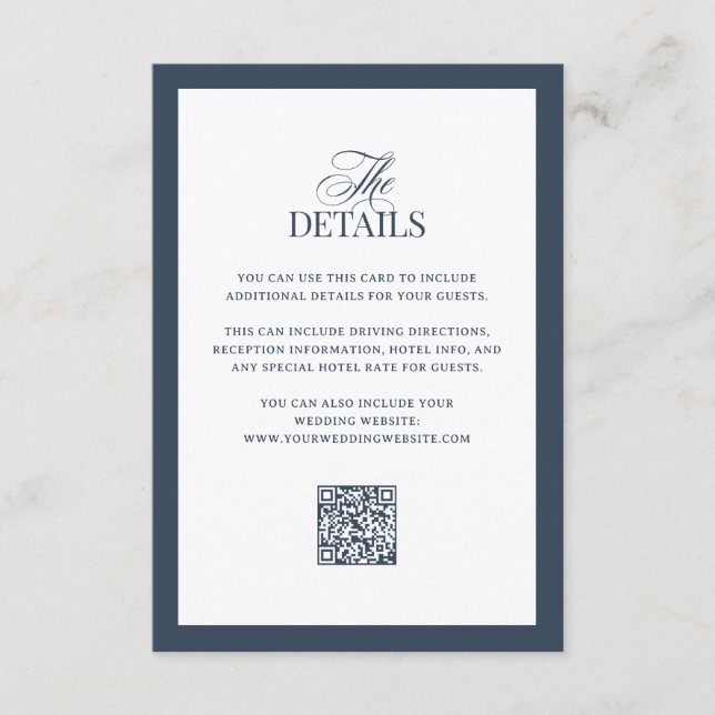 Luxe Navy Blue | QR Code Wedding Guest Details Enclosure Card (Front)