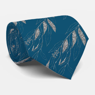LUXE NAVY BLUE SILVER EUCALYPTUS BOTANICAL TIE