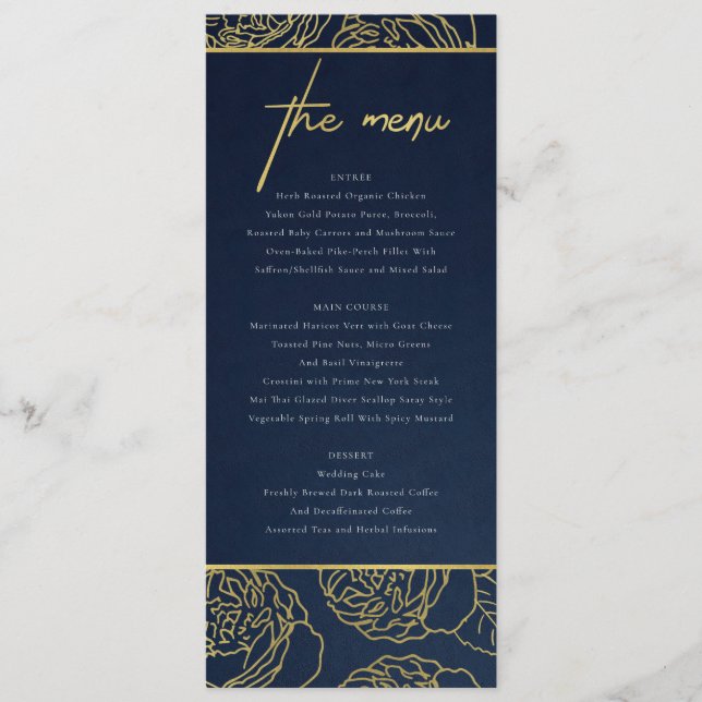 LUXE NAVY FAUX GOLD KRAFT ELEGANT ROSE FLORAL MENU (Front)