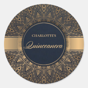 LUXE NAVY GOLD CLASSIC ORNATE MANDALA QUINCEANERA ROUND STICKER