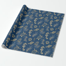 Luxe Navy Gold Coastal Chic Sea Life Sketch