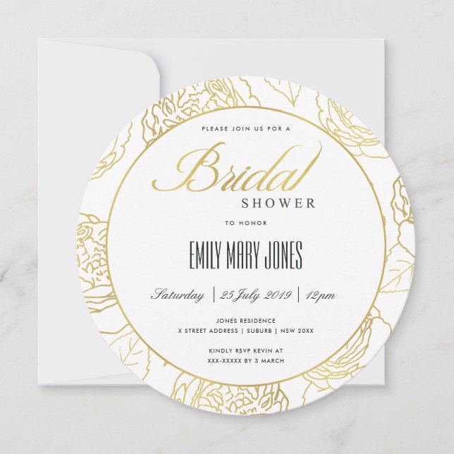 LUXE NAVY GOLD ELEGANT ROSE FLORAL BRIDAL SHOWER INVITATION (Front)