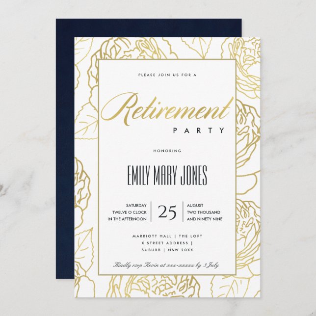 LUXE NAVY GOLD ELEGANT ROSE FLORAL RETIREMENT INVITATION (Front/Back)