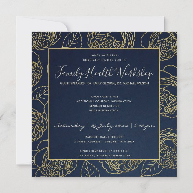 LUXE NAVY GOLD ELEGANT ROSE FLORAL WORKSHOP EVENT INVITATION (Front)