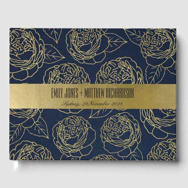 LUXE NAVY GOLD KRAFT ELEGANT ROSE FLORAL WEDDING GUEST BOOK (Front)