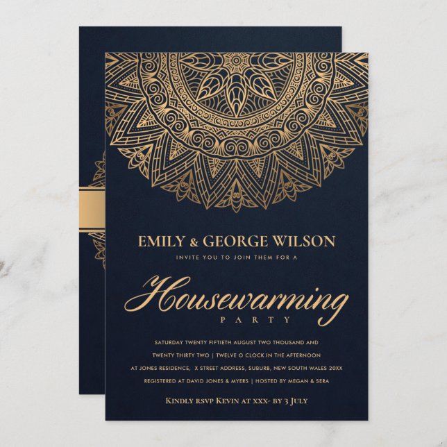 LUXE NAVY GOLD ORNATE MANDALA HOUSEWARMING PARTY INVITATION (Front/Back)