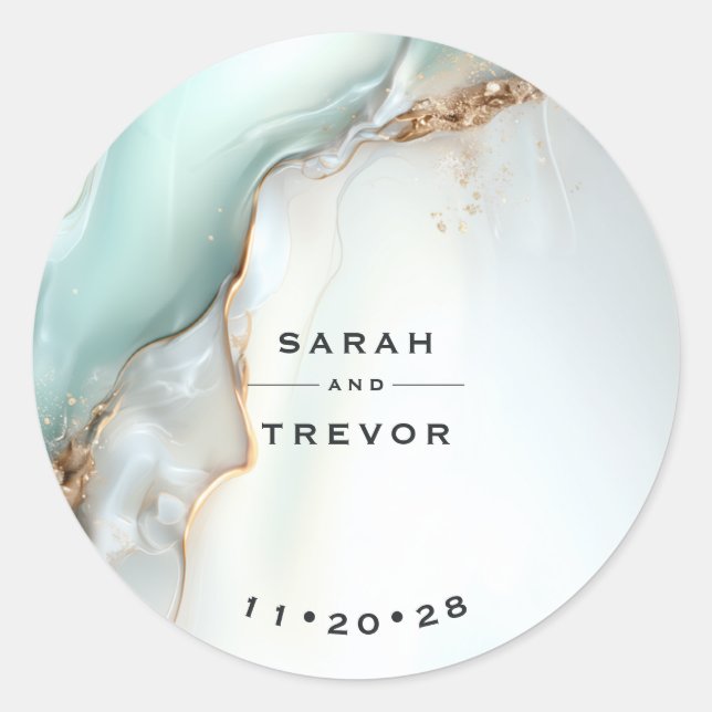 Luxe Opal Teal Gold Fluid Alcohol Ink Classic Round Sticker (Front)