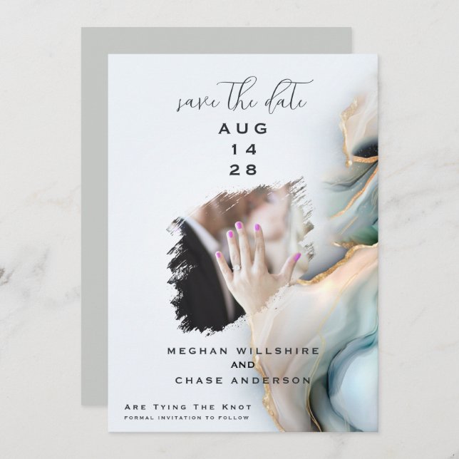 Luxe Opal Teal Gold Fluid Alcohol Ink Invitation (Front/Back)