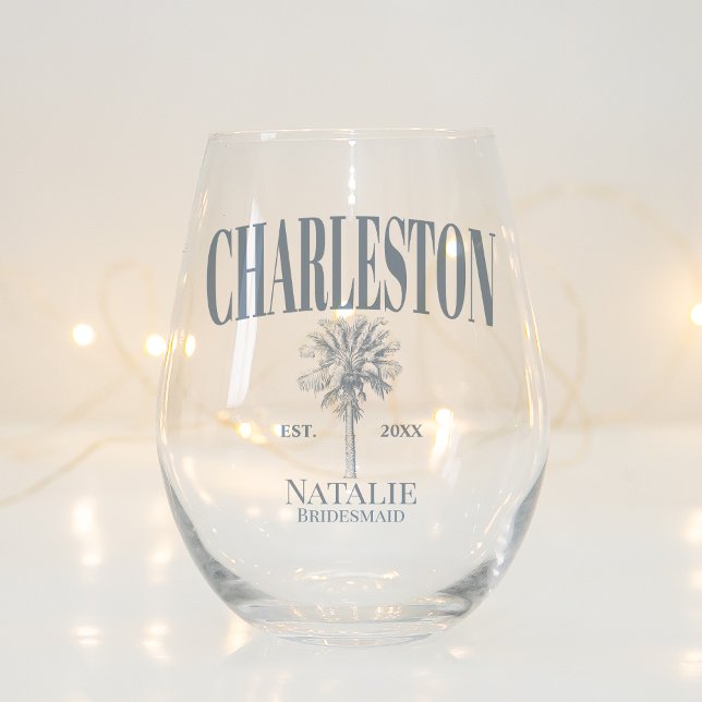 Luxe Palm Trees Charleston Coastal Bachelorette Stemless Wine Glass (Creator Uploaded)