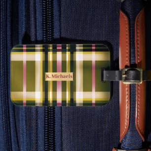 Luxe Personalised Olive Green, Gold & Pink Plaid Luggage Tag