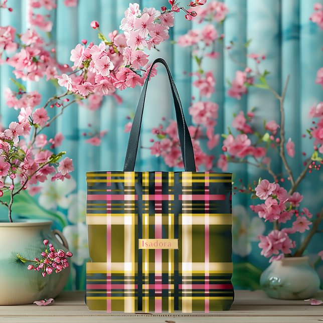 Luxe Personalised Olive Green, Gold & Pink Plaid Tote Bag (Gorgeous Spring Green and Pink Summer Tote Everything Bag)