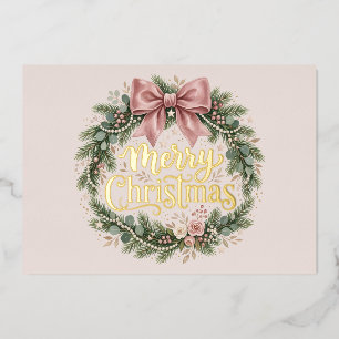 Luxe Pink Bow Christmas Wreath Photo Card