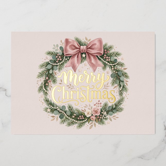 Luxe Pink Bow Christmas Wreath Photo Card (Front)