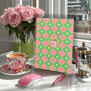 Luxe Pink & Green Harlequin Crest Monogram Notebook