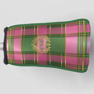 Luxe Pink Green Plaid Monogram Golf Chic Head Cover
