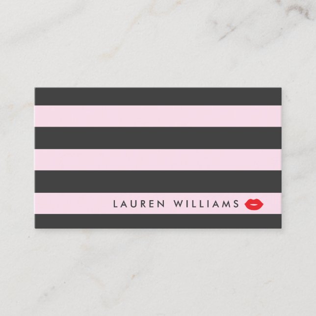 Luxe Pink/Grey Stripes Red Lips Makeup Artist Business Card (Front)