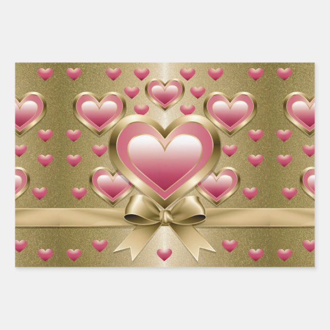 Luxe Pink Hearts Gold Glitter Ribbon Bow Wrapping  Wrapping Paper Sheet (Front)