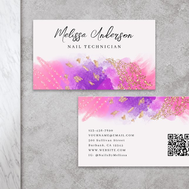 Luxe Pink Purple Gold Glitter QR Code Business Card (Creator Uploaded)