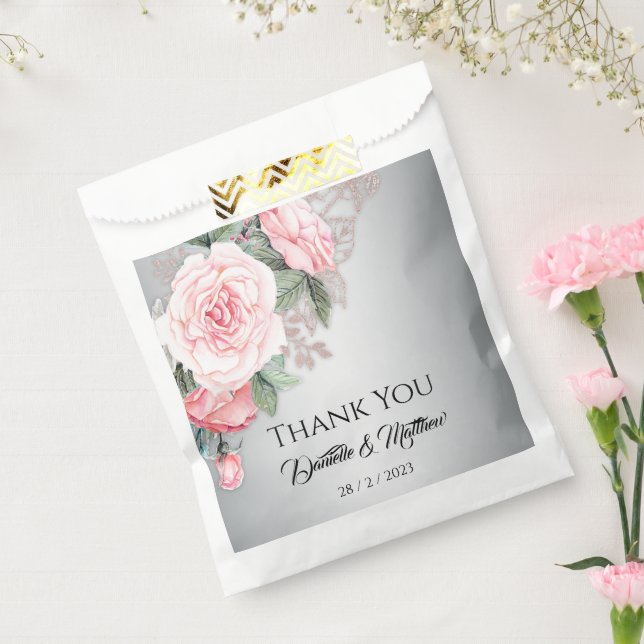 Luxe Pink Rose Bouquet and Silver Wedding Favour Bags (Sealed)