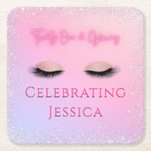 Luxe Pink Twenty One & Glowing 21st Birthday Square Paper Coaster