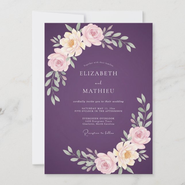 Luxe Plum Watercolor Ranunculus Wedding Invitation (Front)