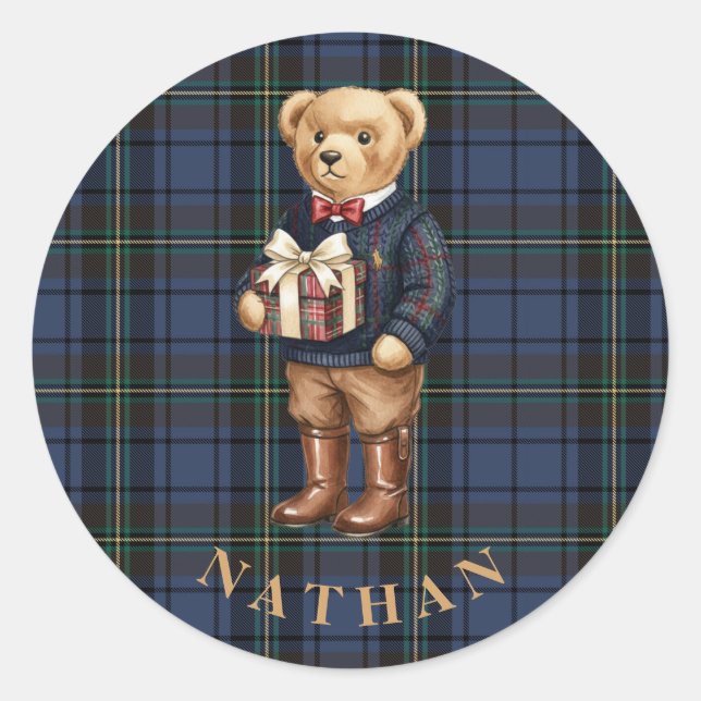 Luxe Preppy Plaid Christmas Teddy Bear Classic Round Sticker (Front)