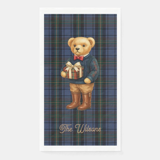 Luxe Preppy Plaid Christmas Teddy Bear  Napkin (Front)