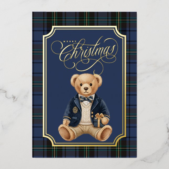 Luxe Preppy Plaid Christmas Teddy Bear Photo Card (Front)