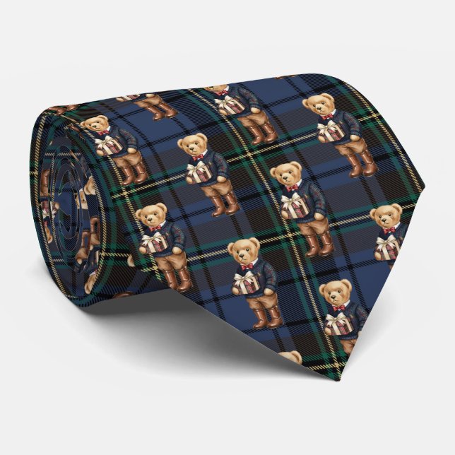 Luxe Preppy Plaid Christmas Teddy Bear Tie (Rolled)