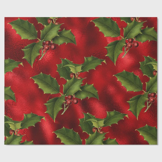 Luxe Red Faux Foil, Green Holly, Red Berries Wrapping Paper (Flat)
