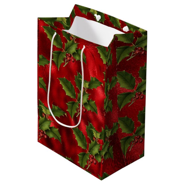 Luxe Red Foil, Green Holly Red Berries Medium Gift Bag (Front Angled)