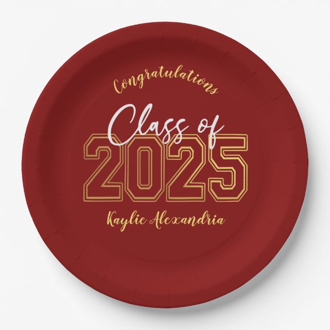 Luxe Red & Gold Graduation Party Plates (Front)