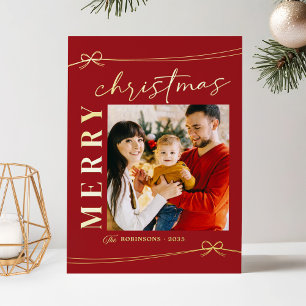 Luxe Red Gold Merry Christmas Script Photo
