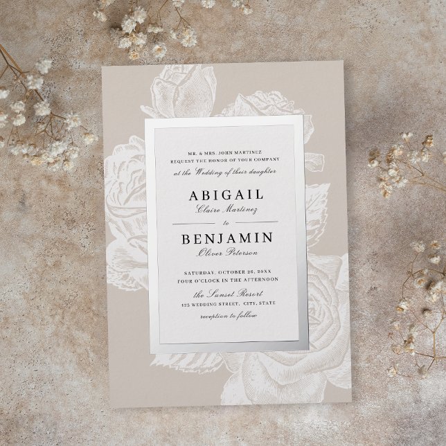 Luxe rose floral silver vintage botanical wedding (Luxe rose floral silver vintage botanical wedding foil invitation)