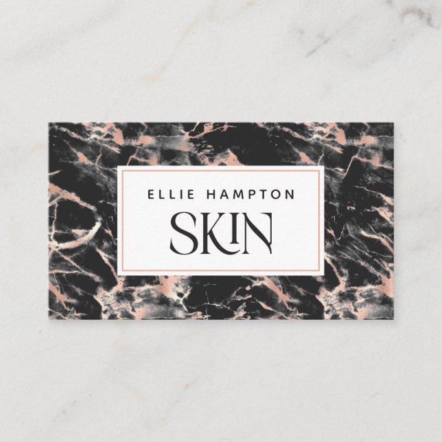 Luxe Rose Gold Black Marble Beauty Aesthetician Business Card (Front)