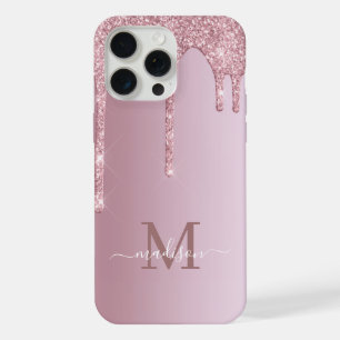 Luxe Rose Gold Pink Dripping Glitter Monogram iPhone 15 Pro Max Case