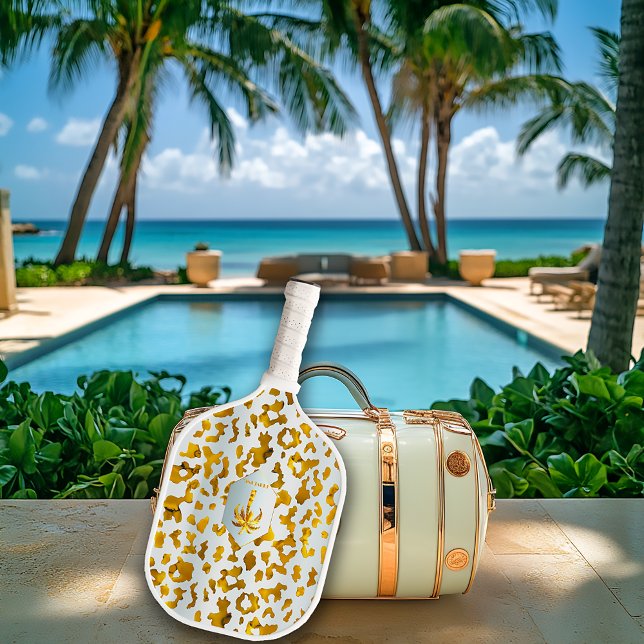 Luxe Safari Chic Gold Leopard Print  Pickleball Paddle (Lavishly Stylish Safari Chic Gold and White Monogrammed Business Logo Pickleball Paddle )