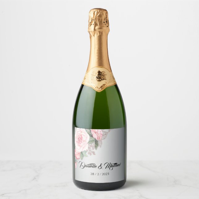 Luxe Silver and Pink Rose Bouquet Wedding Sparkling Wine Label (Front)