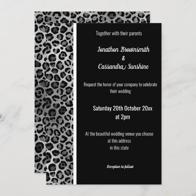 LUXE SILVER BLACK ANIMAL PRINT TRIM INVITATIONS  (Front/Back)