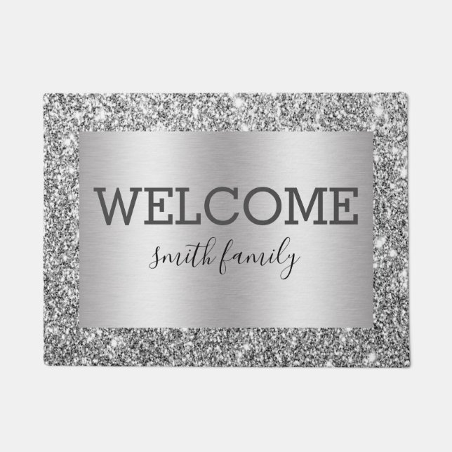 Luxe Silver Glitter Metallic Welcome Personalised Doormat (Front)