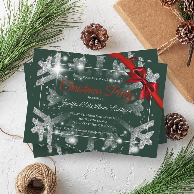Luxe Silver Glitter Xmas Holiday Red Ribbon Green Invitation (Luxe Silver Glitter Xmas Holiday Red Ribbon Green Invitation)