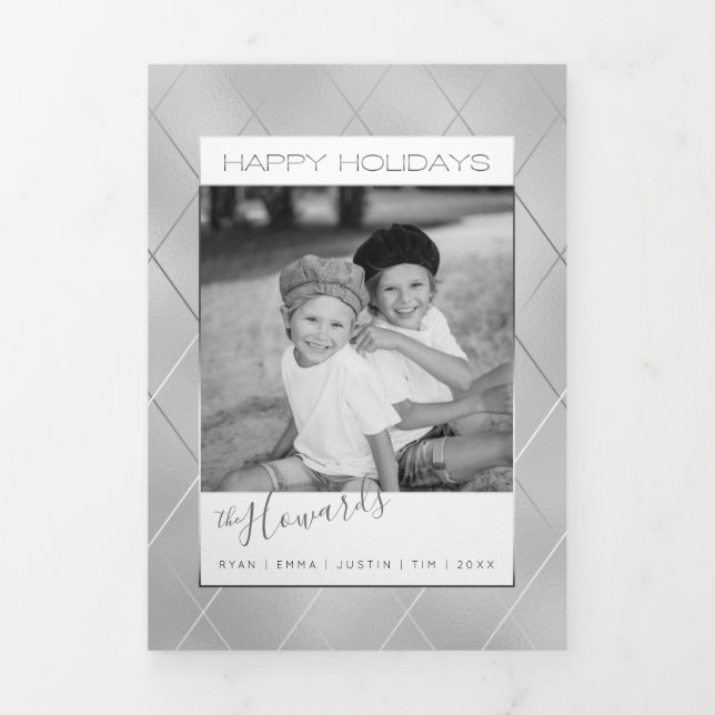 Luxe Silver w/Sleek Diagonal Silver Lines Photo Tri-Fold Holiday Card (Cover)