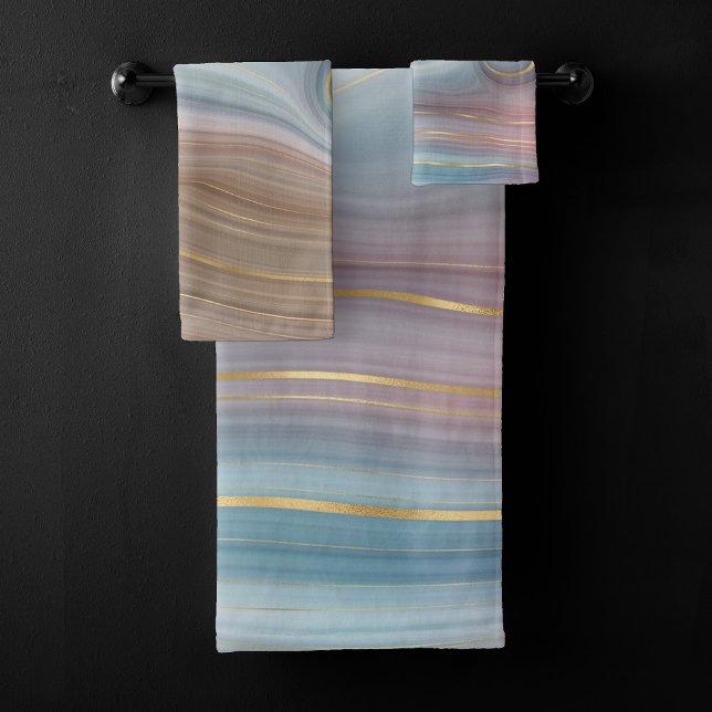 Luxe Strata | Dusty Slate Blue Taupe Pink Agate Bath Towel Set (Creator Uploaded)